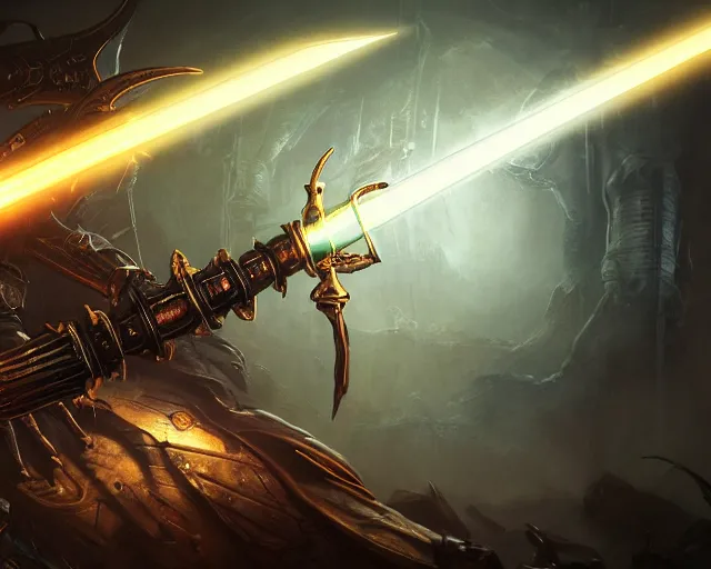 Image similar to legendary glowing sword of cybernetic technology on a table, digital award winning hd matte painting, intimate dark moody, intricate, long sharp black and iridescent blade, ornate spikes, colorful hilt, detailed realistic, raytraced blade, colored gems, golden pommel, in the style of greg rutkowski and krenz cushart, trending on artstation and deviantart