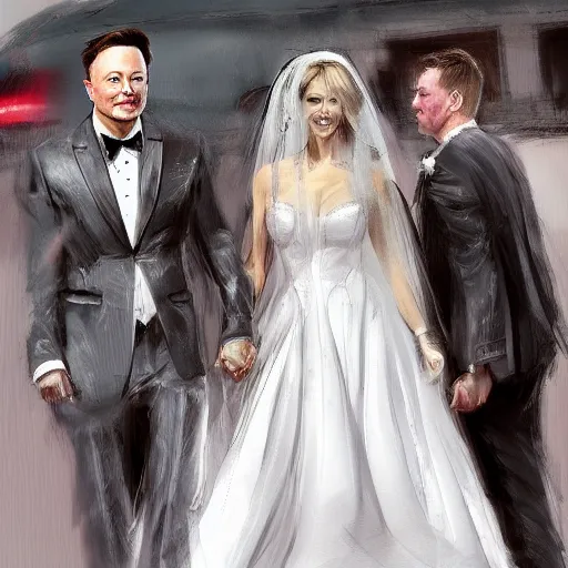 Image similar to Elon Musk in a wedding gown, romantic, concept art trending on artstation, sharp focus, highly detailed