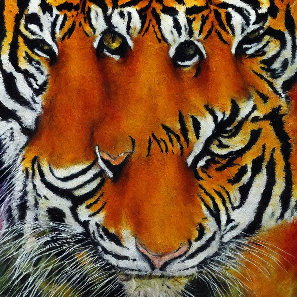 Prompt: tetrachromat painting tiger bright vivid oil painting