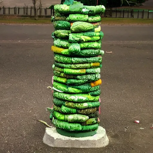 Prompt: A sculpture a 🥦 made pure recycle materials trash, Steve belledin