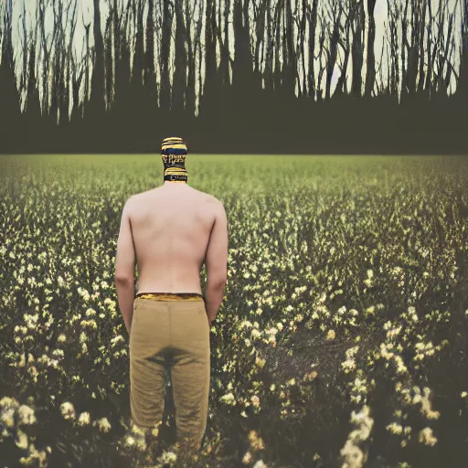 Image similar to kodak portra 4 0 0 photograph of a skinny blonde guy standing in field of dead trees, back view, flower crown, moody lighting, telephoto, 9 0 s vibe, blurry background, vaporwave colors, faded!,