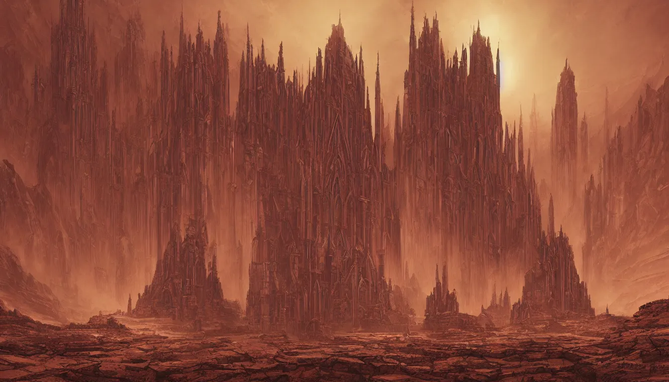 Image similar to A Cathedral in Mars, architecture in the style of Warhammer 40k Adeptus Mechanicus, digital art in the style of Wayne Barlowe, highly detailed