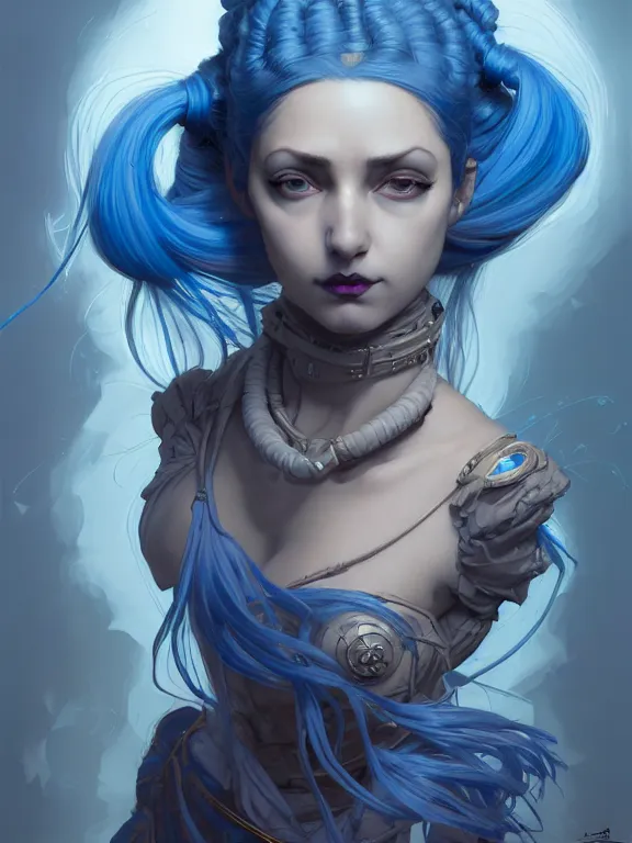 Prompt: a ARCANE ART Portrait of JINX The Loose Cannon, blue hair, long pigtail, intricate, elegant, highly detailed, digital painting, concept art, smooth, sharp focus, illustration, by Laurie Greasley,Lawrence Alma-Tadema,Dan Mumford,artstation,deviantart,Unreal Engine,face enhance,8K,golden ratio,cinematic lighting
