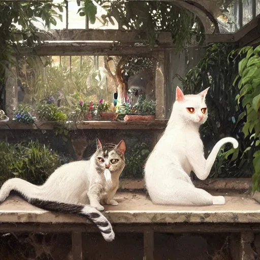 Prompt: two cats at a greenhouse in Ancient Greek | painting by Greg Rutkowski | trending on artstation | 8k | HD