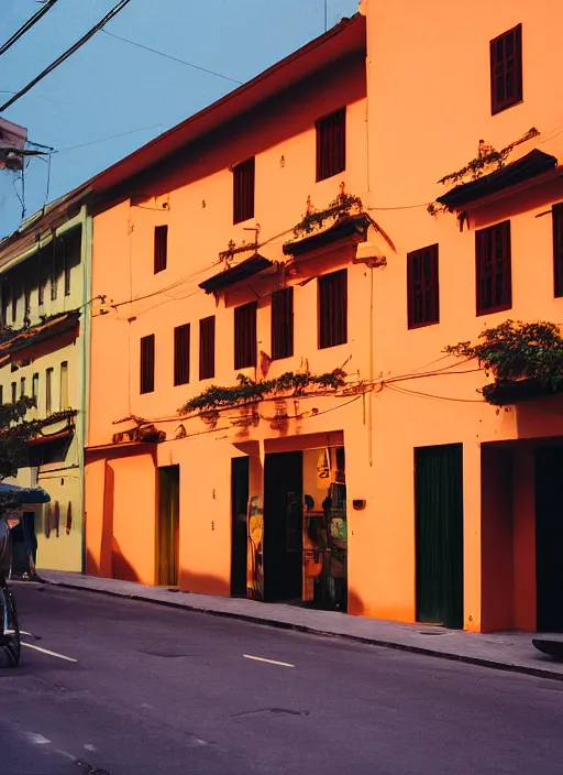 Image similar to minimalist street photography by wes anderson and by ansel adams, singapore shophouses, portra 4 0 0, intense shadows, warm hue, golden hour