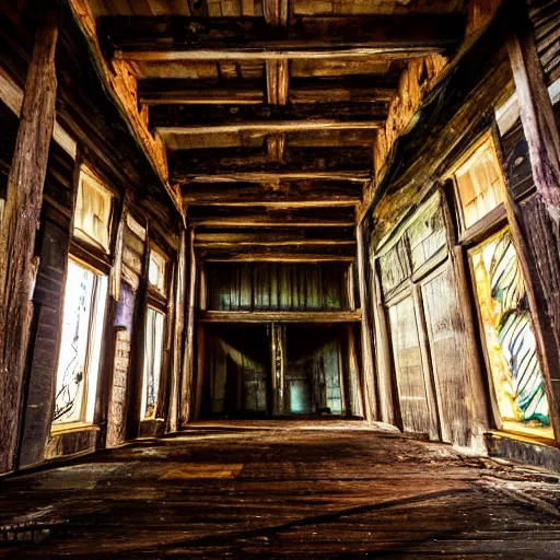 Prompt: shot of a monstruous creature inside of an old wooden church, louisiana, southern gothic,