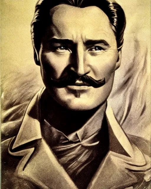 Prompt: Errol Flynn as a scientist. 1980s dystopian Soviet Russia, propaganda screens. Unreal engine, fantasy art by Jean-François Millet. Faithfully depicted facial expression, perfect anatomy global illumination, radiant light, detailed and intricate environment