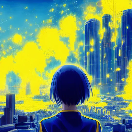 Image similar to anime ukrainian girl, in blue and yellow clothes, watching explosions in big city, concept art, trending on artstation, highly detailed, intricate, sharp focus, digital art, 8 k