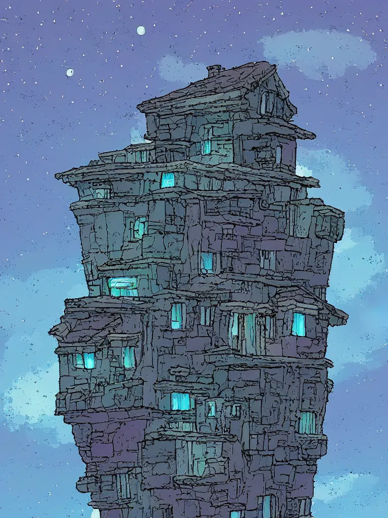 Image similar to a digital art of a small house on the cliff, a huge icy blue moon, a purple sky full of small stars, by laurie greasley, artstation, studio ghibli color scheme