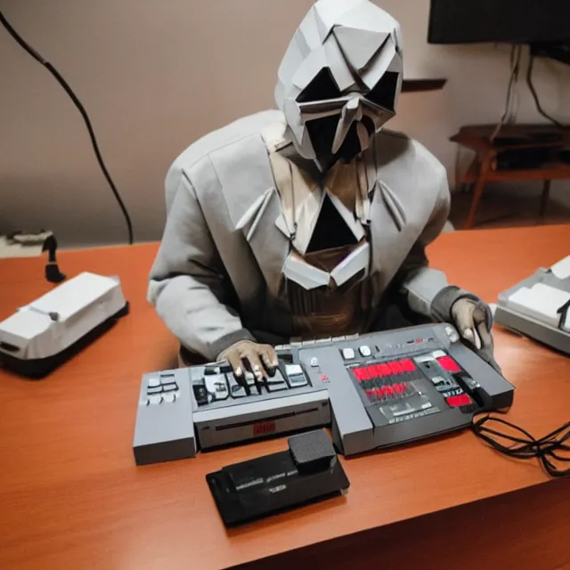 Prompt: a photograph of an origami of mf doom playing a roland sp 4 0 4 on top of a wooden table