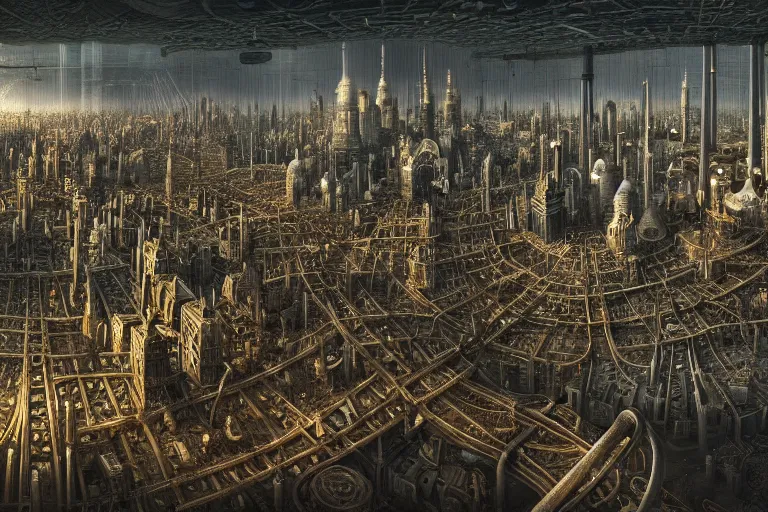 Image similar to an elaborate penned illustration of a apocalyptic intricate connected city of tubes and pipes, by jan van haasteren and jheronimus bosch, unreal engine, physically based rendering, ariel view, tilt - shift, grim, moody, cinematic