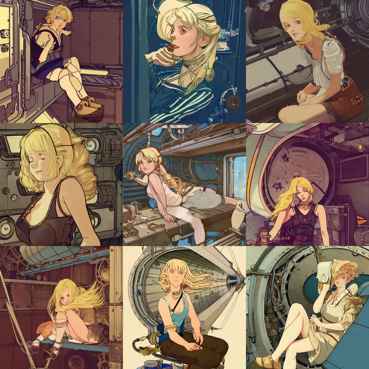 Prompt: Character portrait of a tank top-clad blonde female airship mechanic resting in her cramped bunk, steampunk, highly detailed, artstation, animation cel, concept art, by Kyoto Animation and Studio Ghibli, by Ilya Kuvshinov and Alphonse Mucha