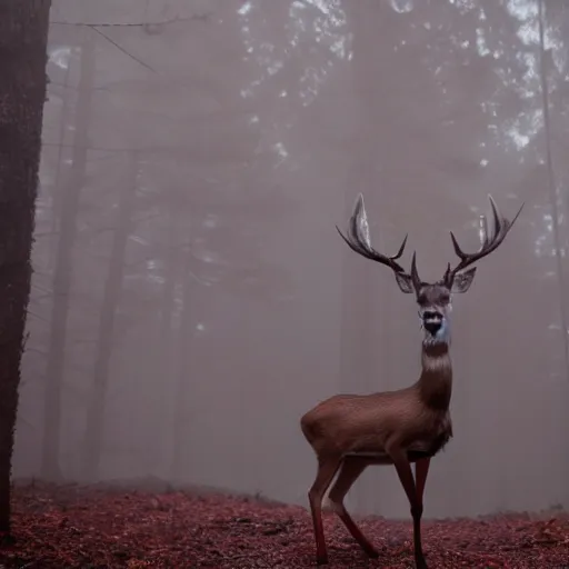 Prompt: a deer with a ruby ​​in its forehead stands in the middle of a dark foggy forest, cinematic, 4k,