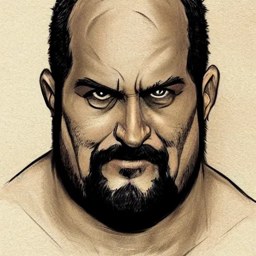 Image similar to tattoo sketch art of chonky ethan van sciver with bald head and a trimmed grey beard, artstation, cgsociety, detailed