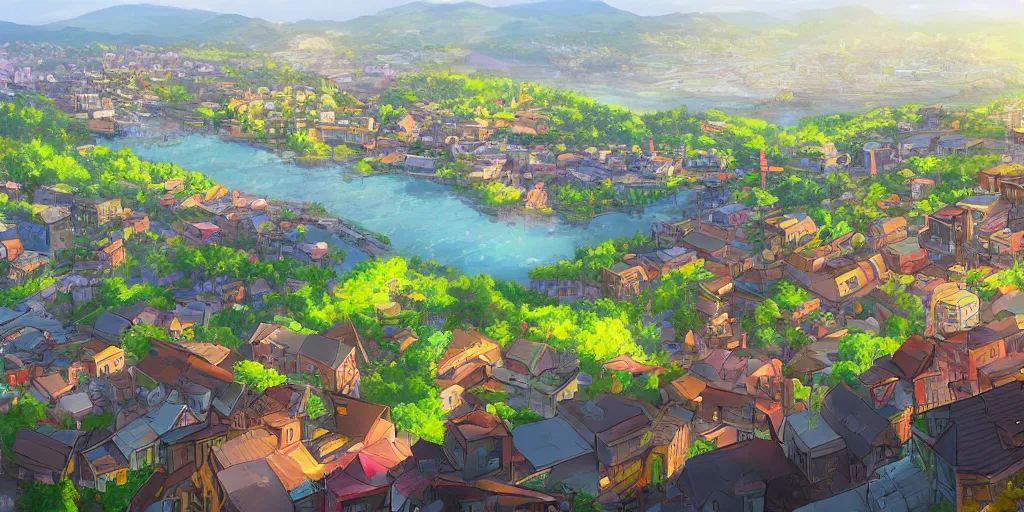 Prompt: beautiful view of a town from a hill, award - winning digital art, anime