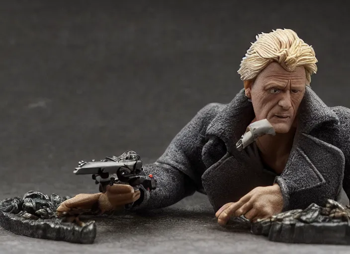 Image similar to product photography of a claymation action figure rutger hauer in blade runner, depth of field, zeiss lens, detailed, centered, by erwin olaf, joop geesink, wes anderson, breathtaking, 8 k resolution, extremely detailed, beautiful, establishing shot, realistic materials, hyperrealistic