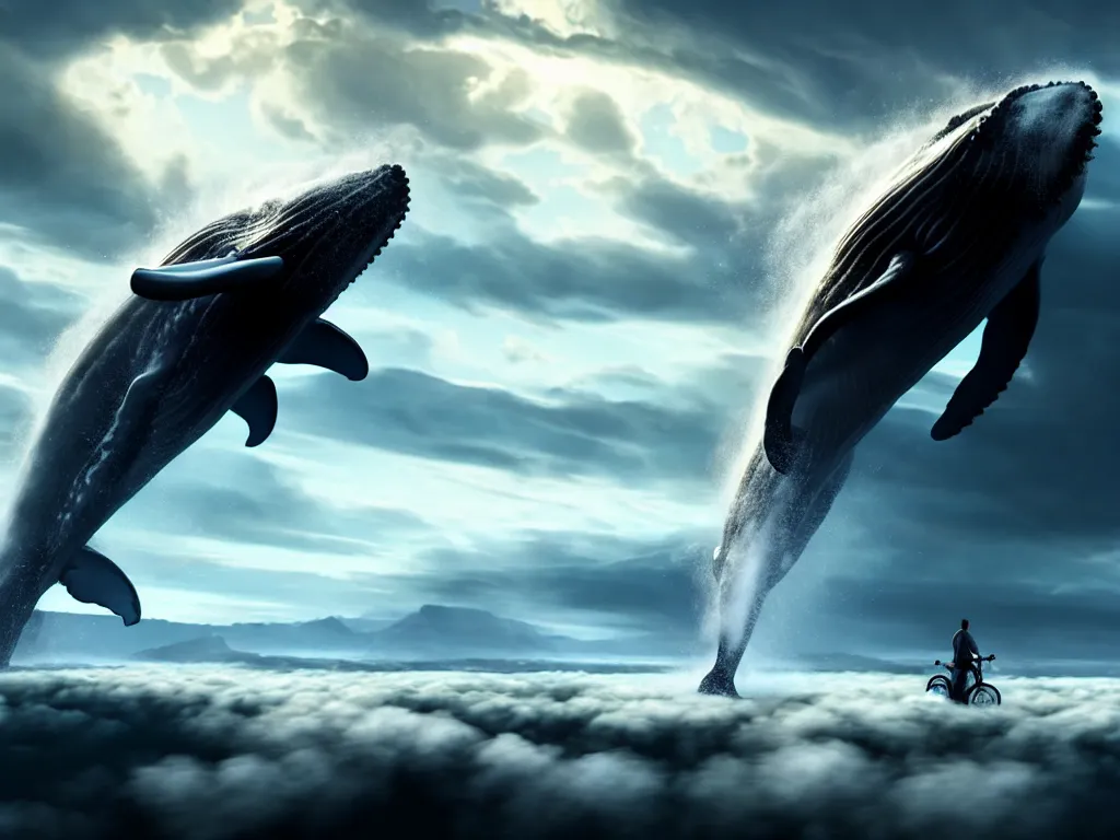 Image similar to Man riding whale while on top of clouds , dramatic lighting, cinematic, establishing shot, high detail, cinematic lighting, post processed, 8k, concept art, artstation, matte painting, in the style of eddie mendoza, raphael lacoste, alex ross
