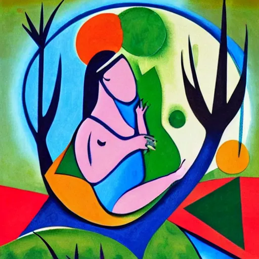 Image similar to woman woman searches for her lost child in the forest by the moonlight, abstract art in the style of cubism and georgia o’keefe ,