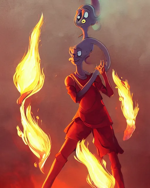 Image similar to squidward with [ [ [ [ [ [ four legs ] ] ] ] ] ] wearing fire nation clothing and practicing firebending outside at susnset, [ greg rutkowski ]
