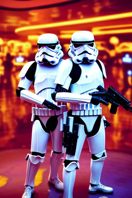 Prompt: a photo of two stormtroopers taking a selfie in las vegas casino, ultra wide shot, 3 5 mm, bokeh, blurred background, colorful lights, golden ratio, sci fi, fantasy, cyberpunk, intricate, decadent, highly detailed, digital painting, octane render, artstation, concept art, smooth, sharp focus, illustration, art by loish, wlop