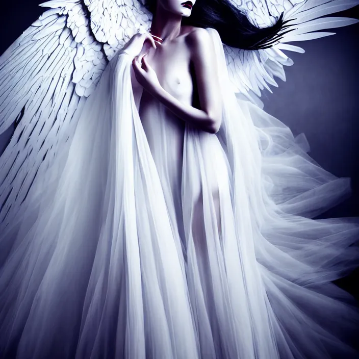 Image similar to photo portrait of a beautiful woman like a dark fallen angel, total body dressed in long elegant intricate ornamental white dress, fine art photography by Giovanni Gastel, professional studio dramatic lighting, volumetric lighting, dramatic colors scheme , hyper realistic photography in style of Vogue Fashion magazine