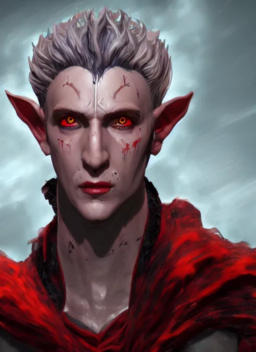 Prompt: A fantasy comic book style portrait painting of a grey elf with red eyes as a Sorcerer in a atmospheric fantasy setting, unreal 5, DAZ, hyperrealistic, octane render, RPG portrait, ambient light, dynamic lighting
