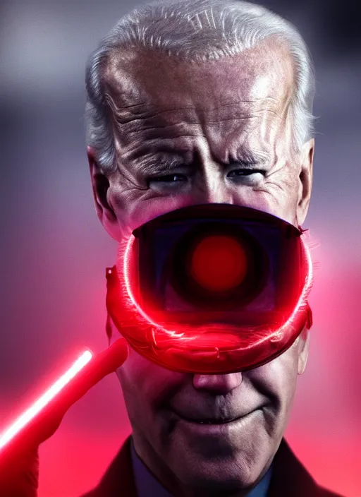 Image similar to hyper realistic ultra realistic godlike photo furious red glowing eyes biden, high quality photo, detailed , 8k