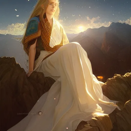 Image similar to Varda on Mount Taniquetil in Valinor, portrait, highly detailed, digital painting, artstation, concept art, sharp focus, illustration, art by artgerm and greg rutkowski and alphonse mucha