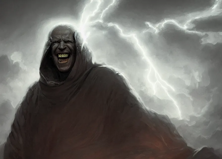 Image similar to abstract painting of giant Joe Biden smiling evil emperor of the world emerging in dark clouds, Sidious, noxious, cosmic horror, evil, dangerous, trending on ArtStation, masterpiece, by Greg Rutkowski, by Ross Tran, by Fenghua Zhong, octane, lightbeam eyes, soft render, clear facial features, oil on canvas, moody lighting, cinematic, professional environment concept art