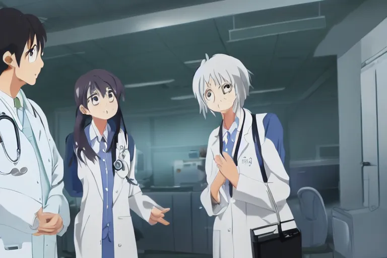 Image similar to a cute and beautiful young female doctor wearing white coat are talking with an old professor in a hospital, slice of life anime, lighting, anime scenery by Makoto shinkai