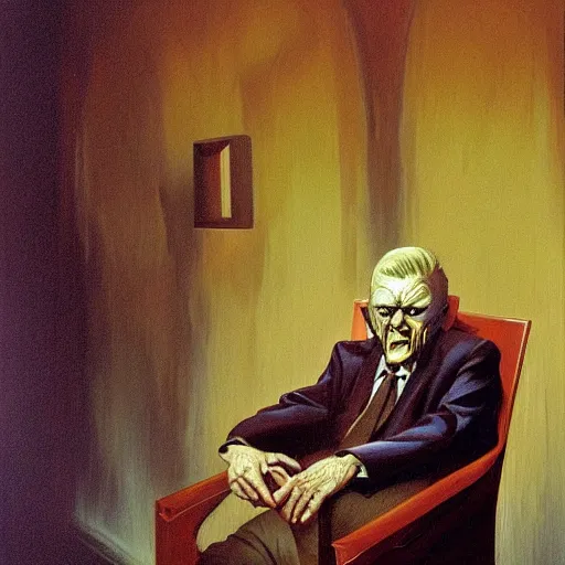 Image similar to angry old man in chair inside a dark house, surrealism, painting by boris vallejo and michael whelan