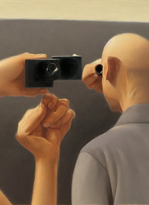 Prompt: two people holding cameras and facing each other, soft edges, calm serene painting, ralph maquarrie