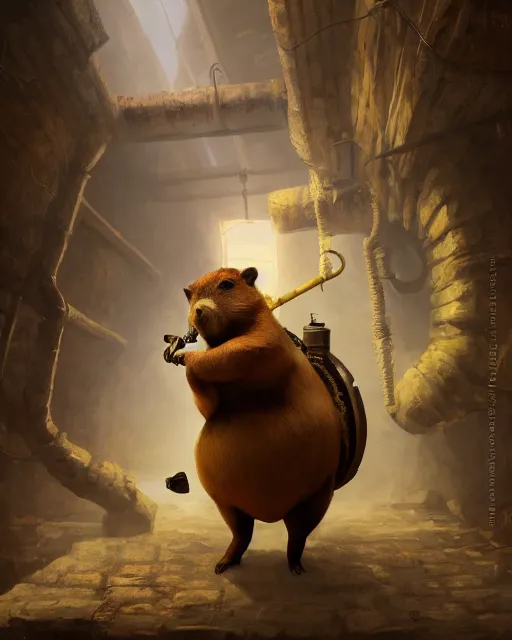 Image similar to oil painting of anthropomorphized capybara holding a pipe, steampunk clothes, close shot, full body, dark steampunk mine shaft background, sharp focus, fantasy style, octane render, volumetric lighting, 8k high definition, by greg rutkowski, highly detailed, trending on art Station, dungeons and dragons artwork, centered