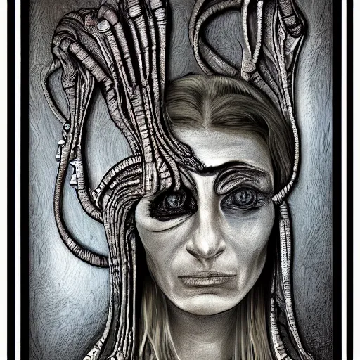 Image similar to portrait of a beautiful woman in the style of H.R. Giger