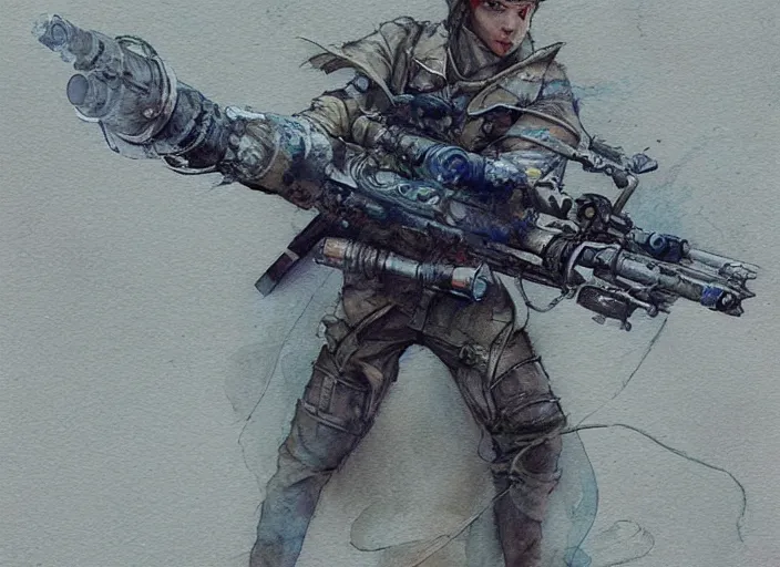 Prompt: concept art of a sniper rifle in futuristic, fantasy, steampunk, pinterest, artstation trending, behance, watercolor, by coby whitmore, silver, laser light,