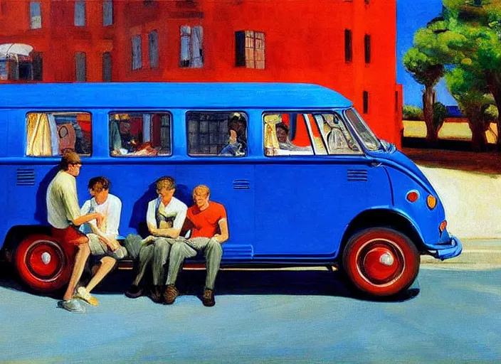 Image similar to detailed painting two young men and women in front of blue vw bus by edward hopper, bernardo bertolucci dreamers movie scene