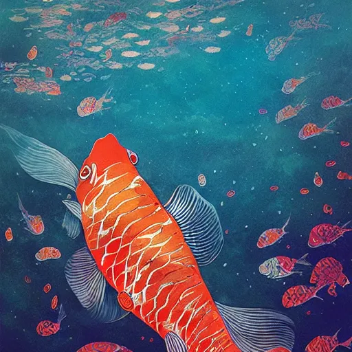 Prompt: giant koi carper in a magical underwater world, oil painting victo ngai