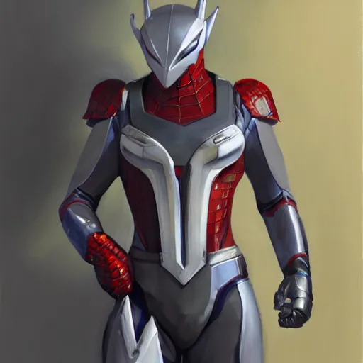 Image similar to greg manchess portrait painting of armored spiderman ultraman grey fox from metal gear cyborg gay japanese - american hybrid as overwatch character, medium shot, asymmetrical, profile picture, organic painting, sunny day, matte painting, bold shapes, hard edges, street art, trending on artstation, by huang guangjian and ail elvgren and sachin teng