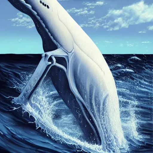 Image similar to a large white whale skeleton animal jumping out of the water, a digital rendering by maki haku, trending on deviantart, rayonism, hyper - realistic, photorealistic, hyper realism.