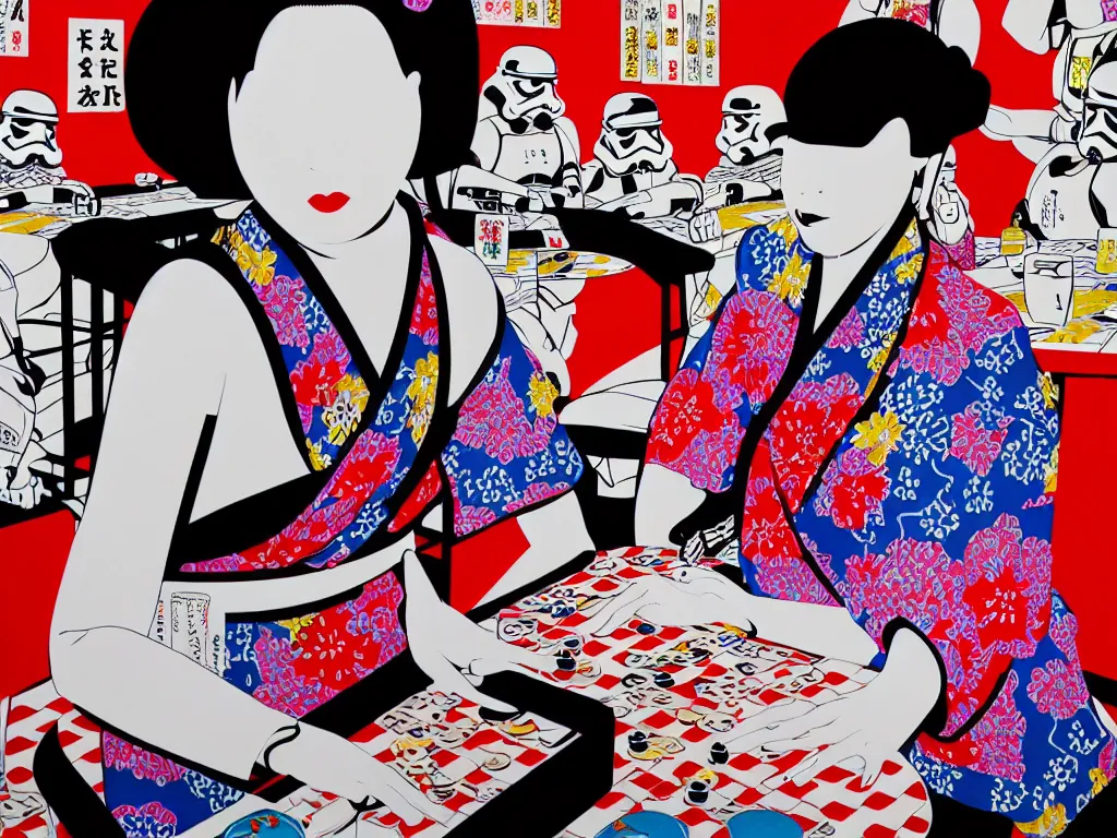 Image similar to hyperrealism composition of the detailed single woman in a japanese kimono sitting at an extremely detailed poker table with stormtrooper, fireworks, river on the background, pop - art style, jacky tsai style, andy warhol style, acrylic on canvas