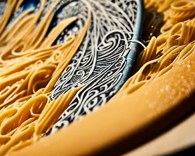 Prompt: close up of a beautiful ginger surfer, surfing on a surfboard in a sea of pasta, art nouveau, fantasy, intricate pasta waves, elegant, highly detailed, sharp focus, action sports photography