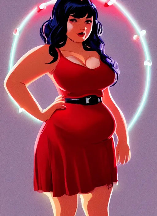 Image similar to full body portrait of teenage veronica lodge, obese, bangs, sultry, realistic, sultry smirk, wavy hair, red skirt, fat, belly, intricate, elegant, glowing lights, highly detailed, digital painting, artstation, concept art, smooth, sharp focus, illustration, art by wlop, mars ravelo and greg rutkowski