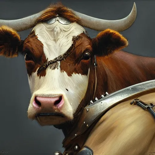 Prompt: cow warrior as a realistic fantasy knight, closeup portrait art by donato giancola and greg rutkowski, realistic face, digital art, trending on artstation, symmetry!!