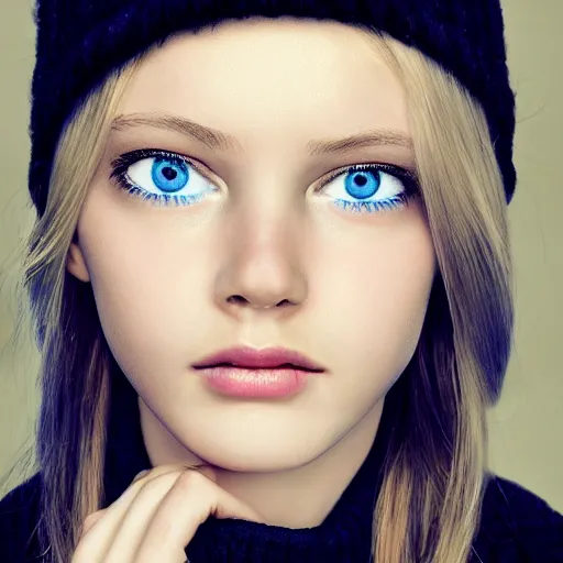 Prompt: High-Quality photorealistic portrait of a young thin girl, blue eyes, blonde hair, wearing a black turtle neck, face center close-up, realistic colors