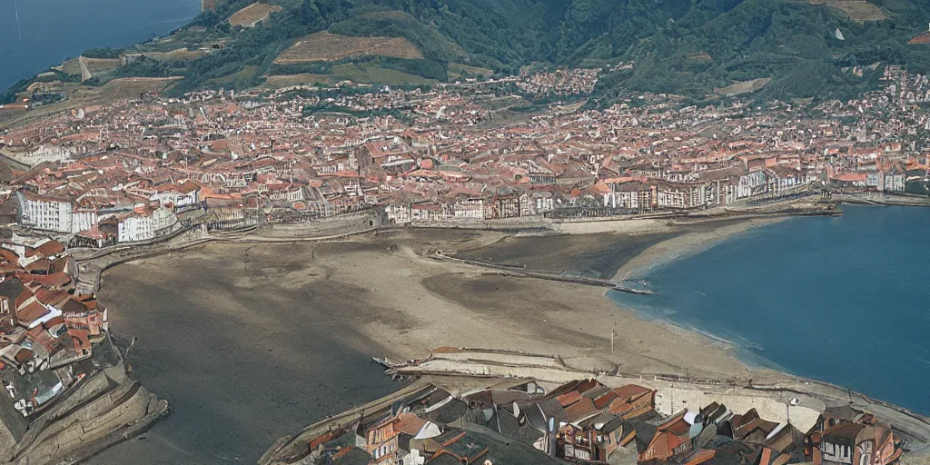 Prompt: aerial view of the city of zumaia in the basque country, 1 9 7 8, kodachrome