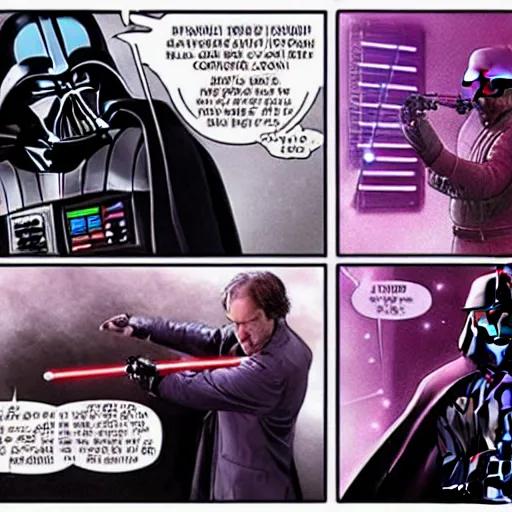 Image similar to saul goodman lightsaber duel with darth vader on the death star, highly detailed