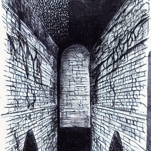 Image similar to ink pen drawing of a dark sewer with a man's silhouette, inverted colors