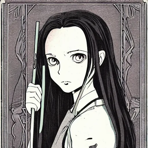 Image similar to precisely drawn illustration of anime wednesday addams, old-fashioned tarot card, victorian playing card, sepia tone, wide angle, sharp, fine details, anime, manga, cyberpunk, realistic shaded lighting by katsuhiro otomo ghost-in-the-shell, magali villeneuve, artgerm, rutkowski Jeremy Lipkin and Giuseppe Dangelico Pino and Michael Garmash and Rob Rey