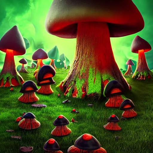 Image similar to a portrait of a scary evil nightmare gnomes in a poison mushroom village, highly detailed, digital photo, hdri, by christopher bretz and john carpenter, vivid colors, high contrast, 8 k resolution, intricate, photorealistic, smooth, psychedelic color scheme, concept art, award winning, cg society contest winner