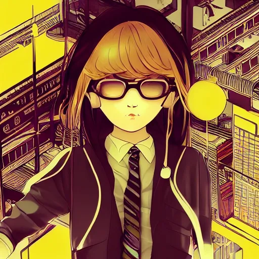 Image similar to Frequency indie album cover, luxury advertisement, yellow filter, white and gray colors. Clean and detailed post-cyberpunk sci-fi close-up schoolgirl in asian city in style of cytus and deemo, blue flame, relaxing, calm and mysterious vibes, by Tsutomu Nihei, by Yoshitoshi ABe, by Ilya Kuvshinov, by Greg Tocchini, nier:automata, set in half-life 2, Matrix, GITS, Blade Runner, Neotokyo Source, Syndicate(2012), dynamic composition, beautiful with eerie vibes, very inspirational, very stylish, with gradients, surrealistic, dystopia, postapocalyptic vibes, depth of field, mist, rich cinematic atmosphere, perfect digital art, mystical journey in strange world, beautiful dramatic dark moody tones and studio lighting, shadows, bastion game, arthouse